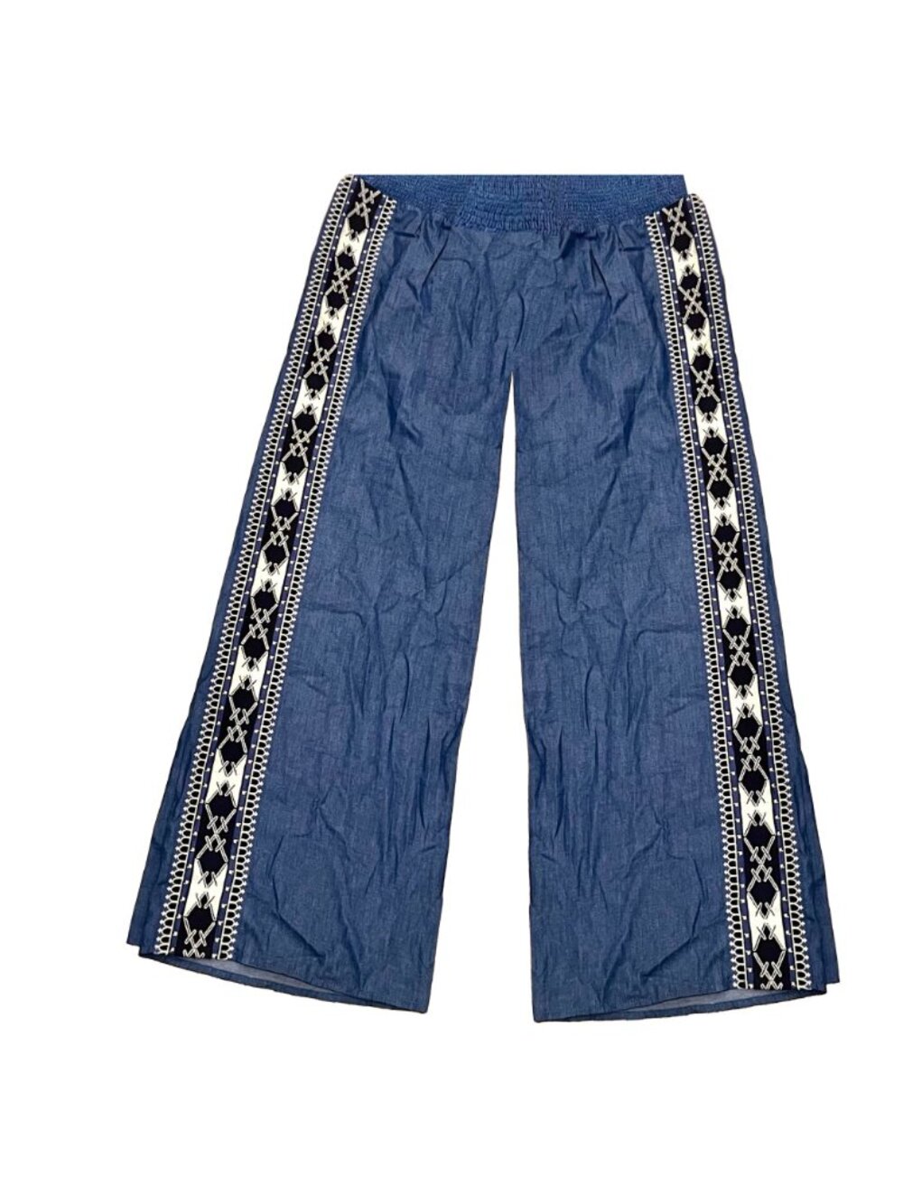 NWT Figue smocked elastic waist blue chambray wide leg pants, embroidered S/28",